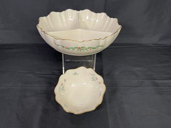 Lenox Serving Bowls  - Holiday Partitioned Bowl And Small Rose Manor Bowl