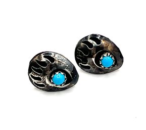Vintage Native American Sterling Silver Turquoise Color Bear Claw Earrings