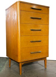 A Vintage Mid Century Modern Tall Dresser In Light Oak, Likely Ramseur Furniture