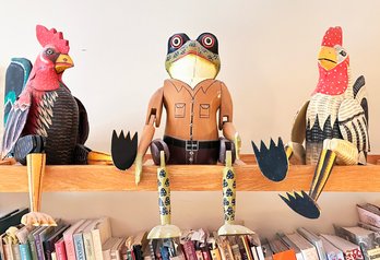 A Trio Of Folk Art Animals - Two Sitting Chickens And A Frog