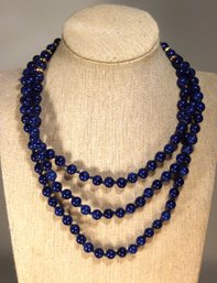 Lapis Colored Glass Triple Strand Beaded Necklace Large Rhinestone Clasp Necklace