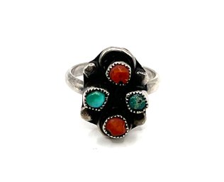 Vintage Native American Sterling Silver Turquoise And Coral Color Ring, Size 4.25