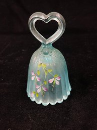 Fenton Hand Painted Aqua Blue Satin Heart Handled Glass Bell