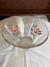 Vintage Hazel Atlas Hand-painted Pink Floral Glass Serving Bowl