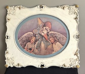 Vintage Mother Goose Print In Embellished Wood Frame With Oval Cut Out