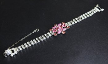 Rhodium Plated Signed Joseph Wiesner NY Pink And White Rhinestone Bracelet