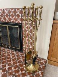 Vintage 5 Piece Heavy Shiney Brass Plated Fireplace Tool Set