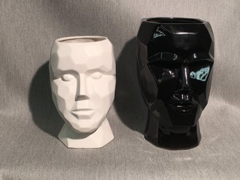 Very Cool Pair Of Modern Head Vases - One Black - One White - Interesting Look - Very Angular Profile