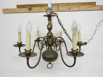 Mid Century Brass Colonial Style 6 Light Chandelier With Lots Of Aged Patina