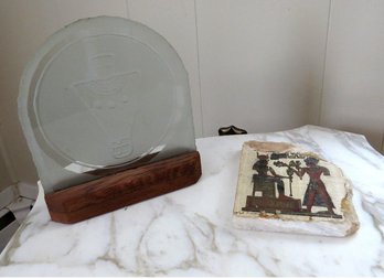 Pair Of Egyptian Decorator Objects - Glass Tile On Stand And Faux Stone Frieze