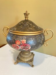 A Decorative Hand Decorated Lidded Centerpiece With Metal Handles