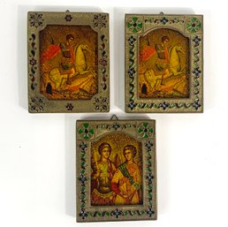 Group Of 3 Diminutive Enamel Frames With St George & Archangels