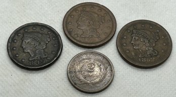 Rare Original Antique U.S. 1849, 1850, 1852 Large Pennies And 1868 2 Cent Piece