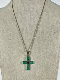 Sterling Silver Malachite Turquoise Cross Pendant Necklace Chain