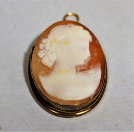 Fine Hand Carved Shell Cameo Pendant In Gilt Silver Frame