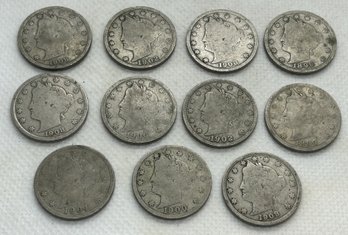 Grouping Of 11 Antique U.S. LIBERTY HEAD 'v' NICKELS