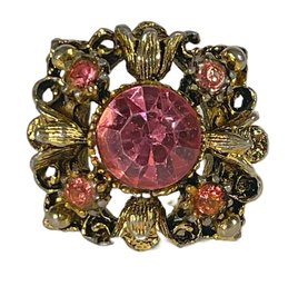 Vintage Gold Tone Pink Rhinestone Costume Cocktail Ring