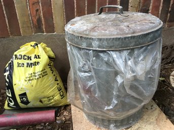 Unused Opened Bags Of Ice Melt Salt With Galvanized Salt Barrel - 100 Lbs