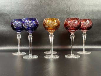 A Striking Set Of Six Vintage Bohemian Cut Crystal Goblets In Jewel Tones