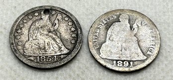 Pair Of Antique U.S. SEATED LIBERTY DIMES- Dated 1854 And 1891- 90 Silver Content