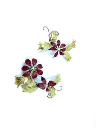 Vintage Pair Of Red & Goldtone Poinsettia & Holly Copper Wire Decoration Piece