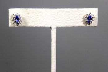 Pair Fine Sterling Silver Tanzanite And White Gemstone Pierced Earrings Studs