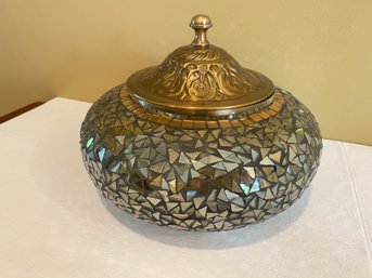 A Decorative Glass Mosaic Centerpiece With Brass Lid