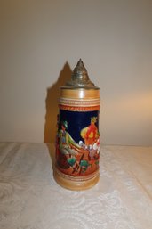 German Made Stein, 11.5 Tall By Gerz, Depicting 3 Men At A Table Admiring Serving Girl.