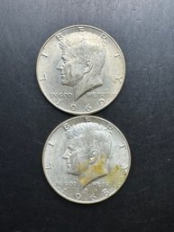 2 Silver Kennedy Half Dollars 1968-D, 1969-D