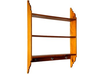 Three-Tiered Wall Shelf With Hooks Made Of Solid Wood