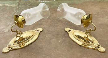 A Pair Of Vintage Brass And Glass Sconces