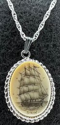 Vintage Scrimshaw & Sterling Silver - Tall Ship Necklace - Signed Simon - 24 Inch Chain - 7/8 X 5/8 Pendant