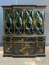 Elegant Black Chinoiserie Breakfront Secretary With Bubble Glass