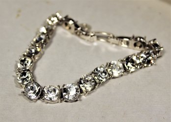 Vintage Signed White Rhinestone Bracelet Rhodium Plated 7' Long