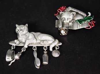 Signed 'JJ' Pewter Tone Fun Cat Brooches