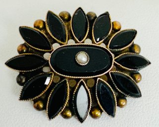 Victorian 14k Gold Black Jet & Seed Pearl Mourning Brooch Or Pendant
