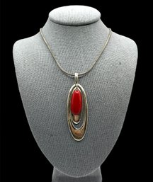 Vintage Italian Sterling Silver Smooth Chain With Large Smooth Red Stone Pendant