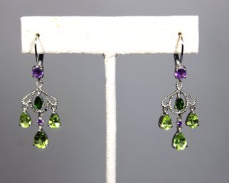 Fine Sterling Silver Drop Pierced Earrings Amethyst & Peridot Stones