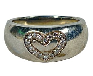 Sterling Silver Designer Ring W Tiny Diamonds 'heart' Shape