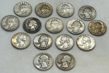 Large Lot Of 15 Original U.S. 90 Percent Silver Quarters- Washington Busts