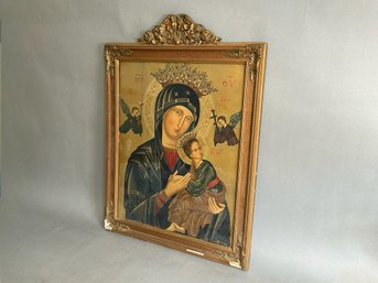 Antique Puccinelli Our Lady Of Perpetual Help Virgin Mary & Jesus Print  In Wood Frame