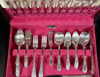 A Set Of Vintage Silverplate Flatware In A Wooden Storage Chest
