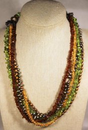 Multi Strand Necklace Amber, Genuine Pearl, Peridot And Citrine