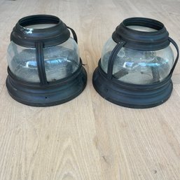 A Pair Of Antique Bronze Finish Surface Mount Lanterns With Bubble Glass