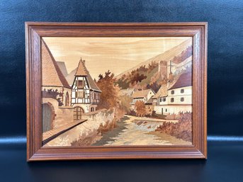 A Magnificent Vintage Marquetry Art Piece, Riverside Village Scene