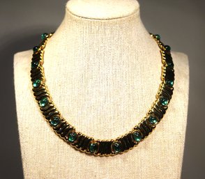 Vintage 1980s Signed Monet Gold Tone Choker Necklace Green Cabochon Stones