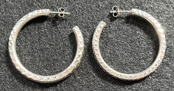 Vintage 925 Sterling Silver Large Thick Faceted Hoop Pierced Earrings - 1 1/2 Inch Diameter X 1/8 Inch Thick