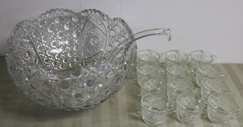 Cut Galss Punch Bowl W/ 12 Cup And Laddel