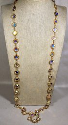 Signed Swarovski Crystal Aurora Borealis Gold Tone Elongated Necklace 32' Long