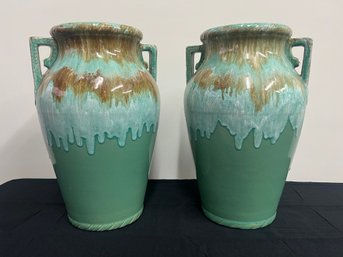 Massive Pair Of Mid Century Handled Pottery Vases